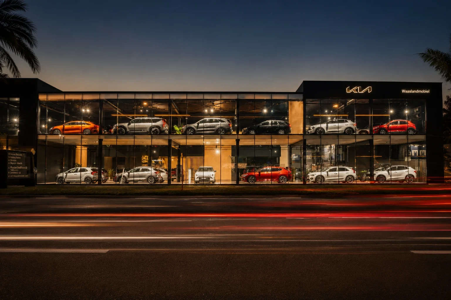 De showroom van Kia Waaslandmobiel in Sint-Niklaas bij avond
